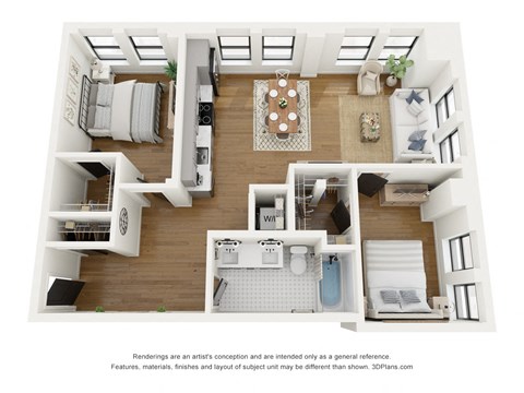 Floor plan for 2 beds, 1 bath, 862 sqft